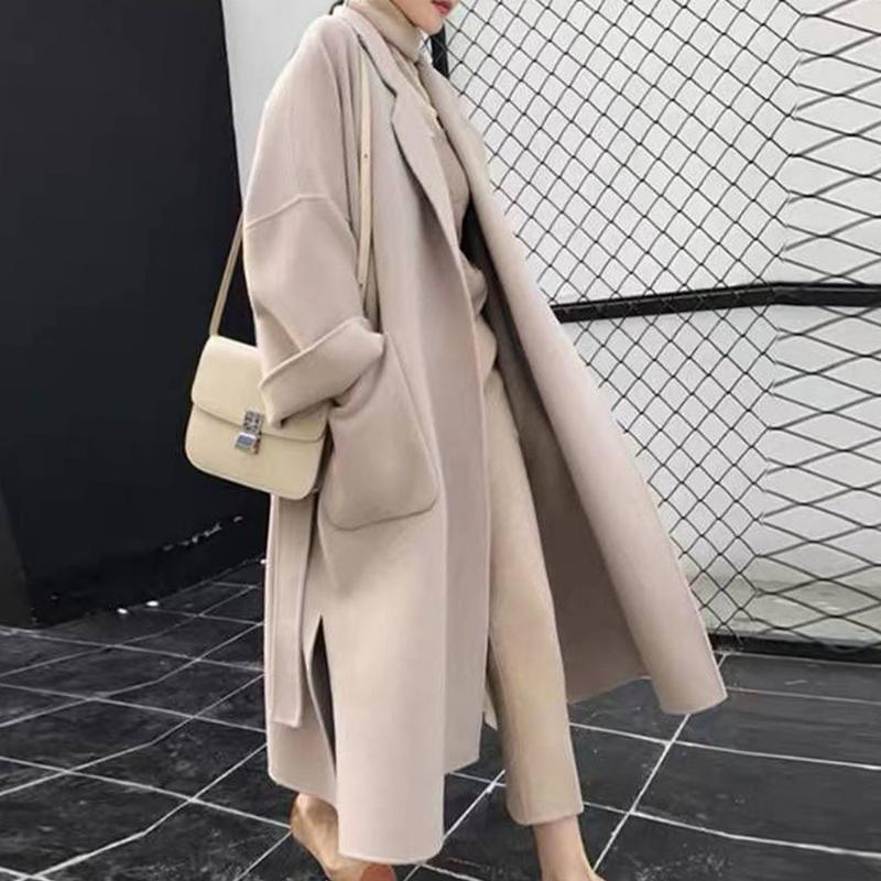 

Winter Long Trench Coat Women Solid Color Thick 2020 Fashion Casual Loose Autumn Female Wool Blends Female Korean Overcoat, Black