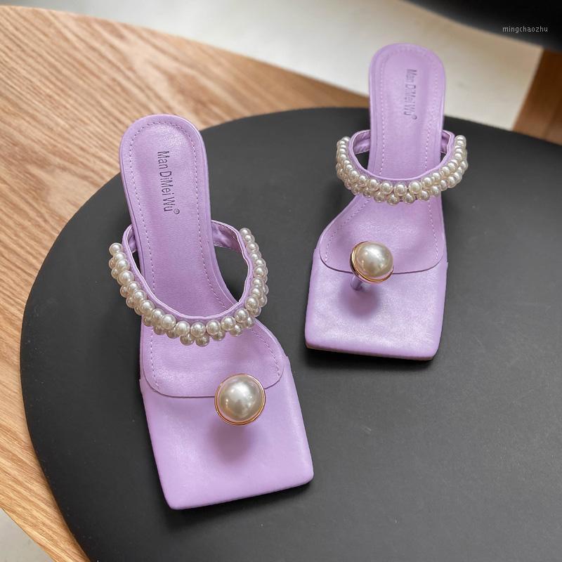 

2020 New Summer Fashion Square Toe Shallow Striped Pearls High Heels Flip Flops Slippers Women Shoes Tide Outside Slippers1, Blue