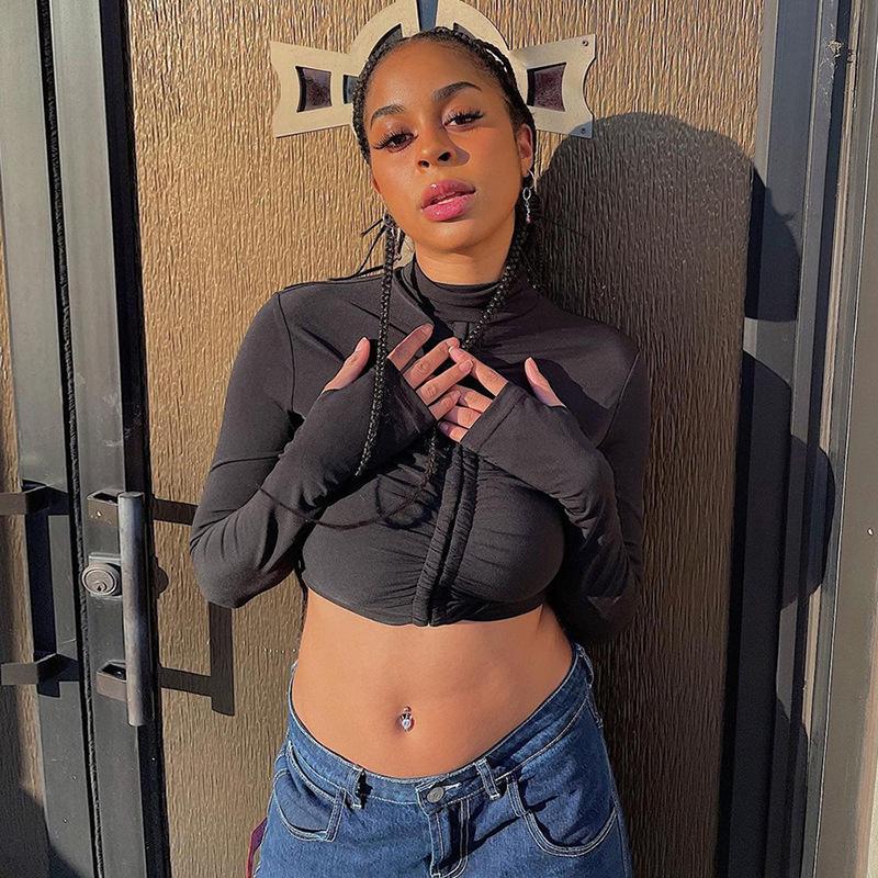 

Solid Basic Long Sleeve Women' T-shirt Casual Black White Fashion Crop Top Ladies Fashion Korean T-shirt Women Sexy Tops