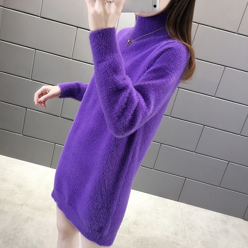 

2021 New Female Autumn Color the Medium Neck Knitted Sleeve Long Warm Sweater X8E1, Purple