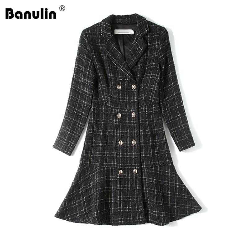 

Runway Tweed Black Blazer Dress Women Notched Collar Long Sleeve Double Breasted Ruffles Hem Office Woolen Jacket Dress