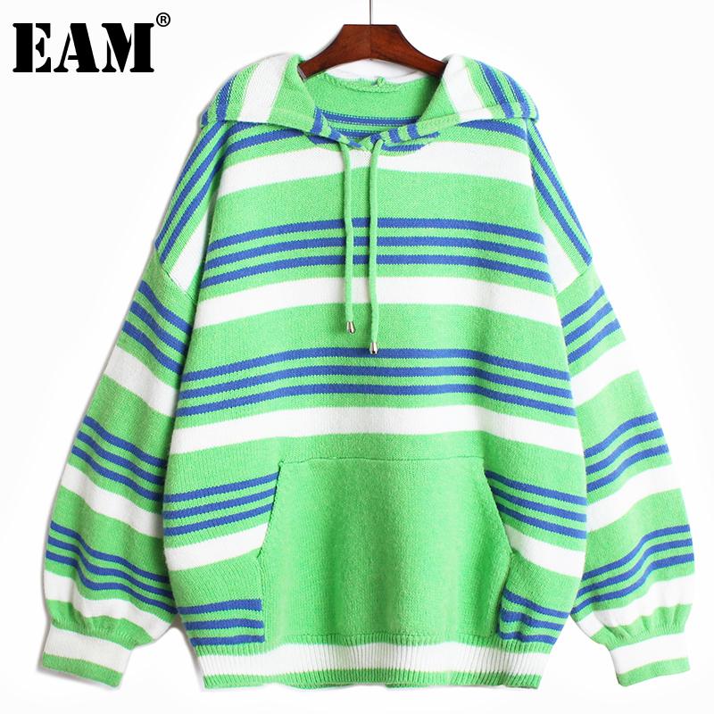 

EAM] Green Striped Big Size Knitting Sweater Loose Hooded Long Sleeve Women Pullovers New Fashion Autumn Winter 2020 1DD2693