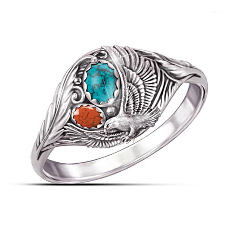 

Vintage Ethnic Carve Eagle Feather Rings Men's Silver Color Turquoises Stone Circle Fashion Party Neo-Gothic Jewelry1
