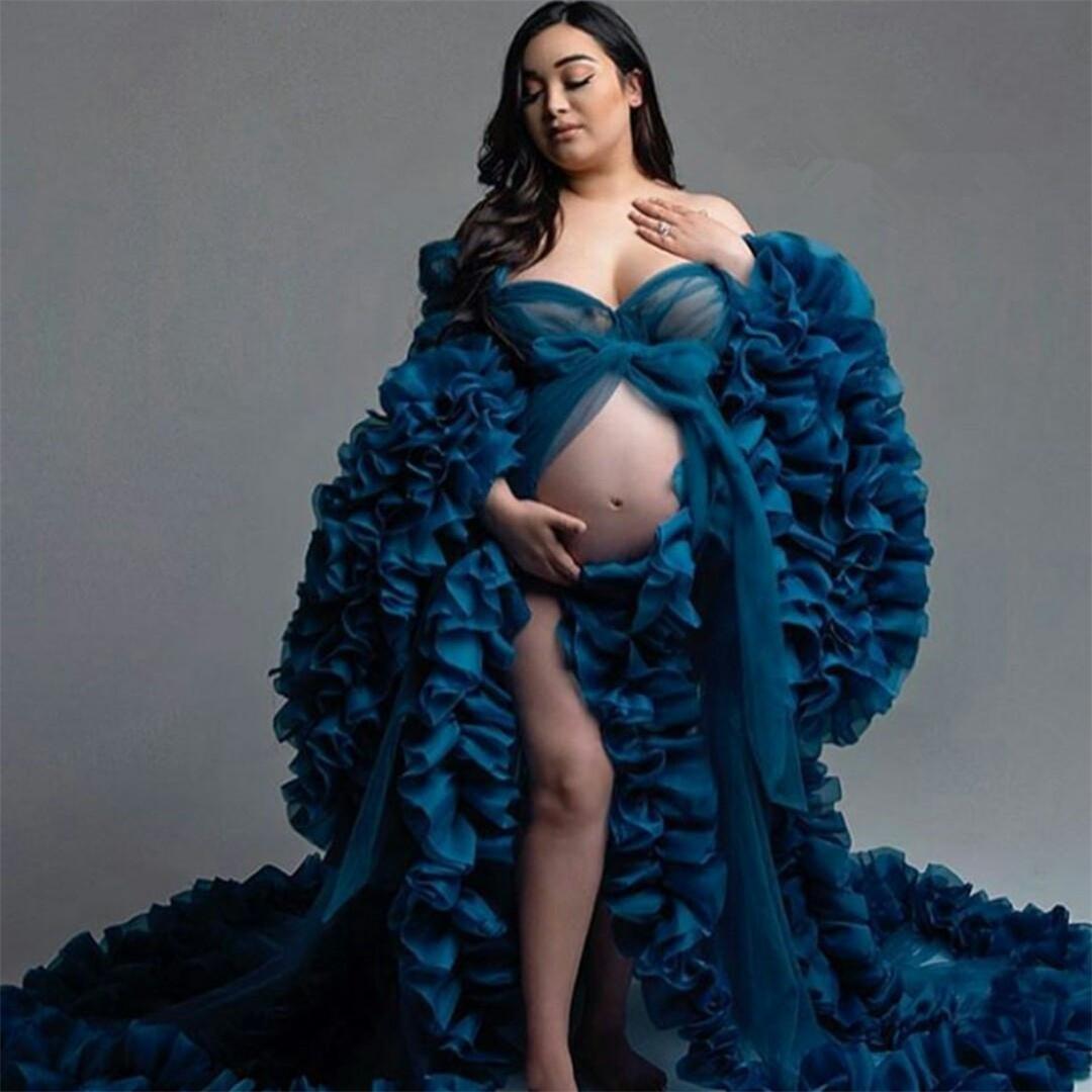 Plus Size Bridal Sleepwear Dresses 2021 Tiered Ruffles Long Sleeve Maternity Party Dress for Photoshoot Nightgowns