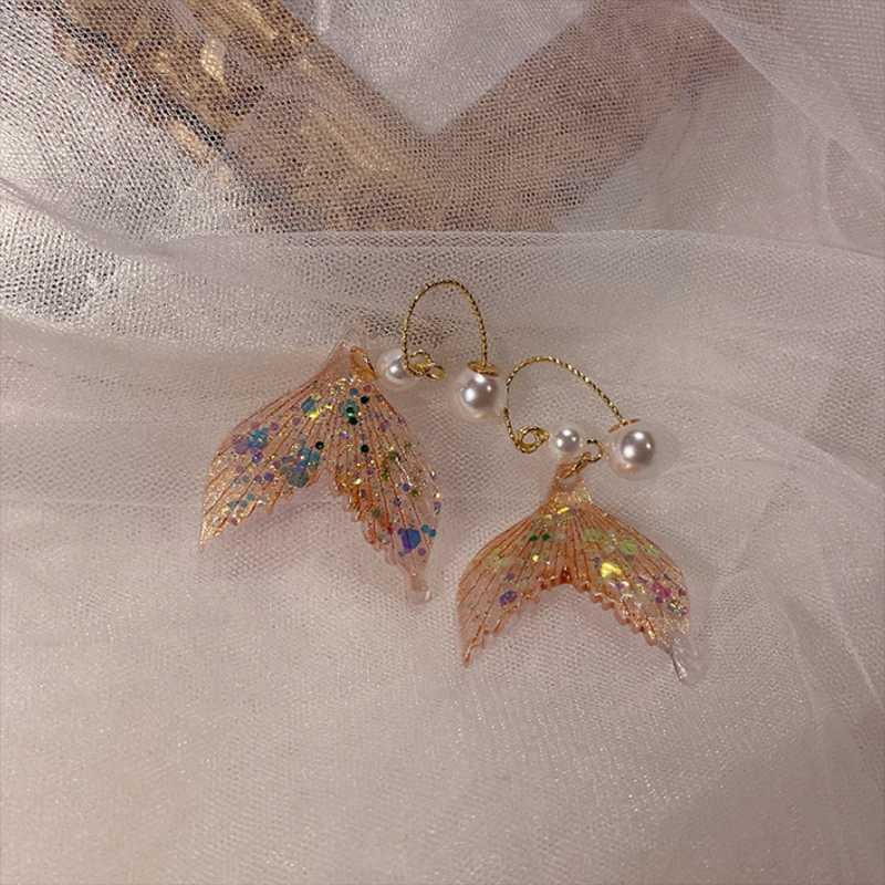 

Stud 2021 Super Fairy Mermaid Legend Colorful Fishtail Earrings With Red Mesh