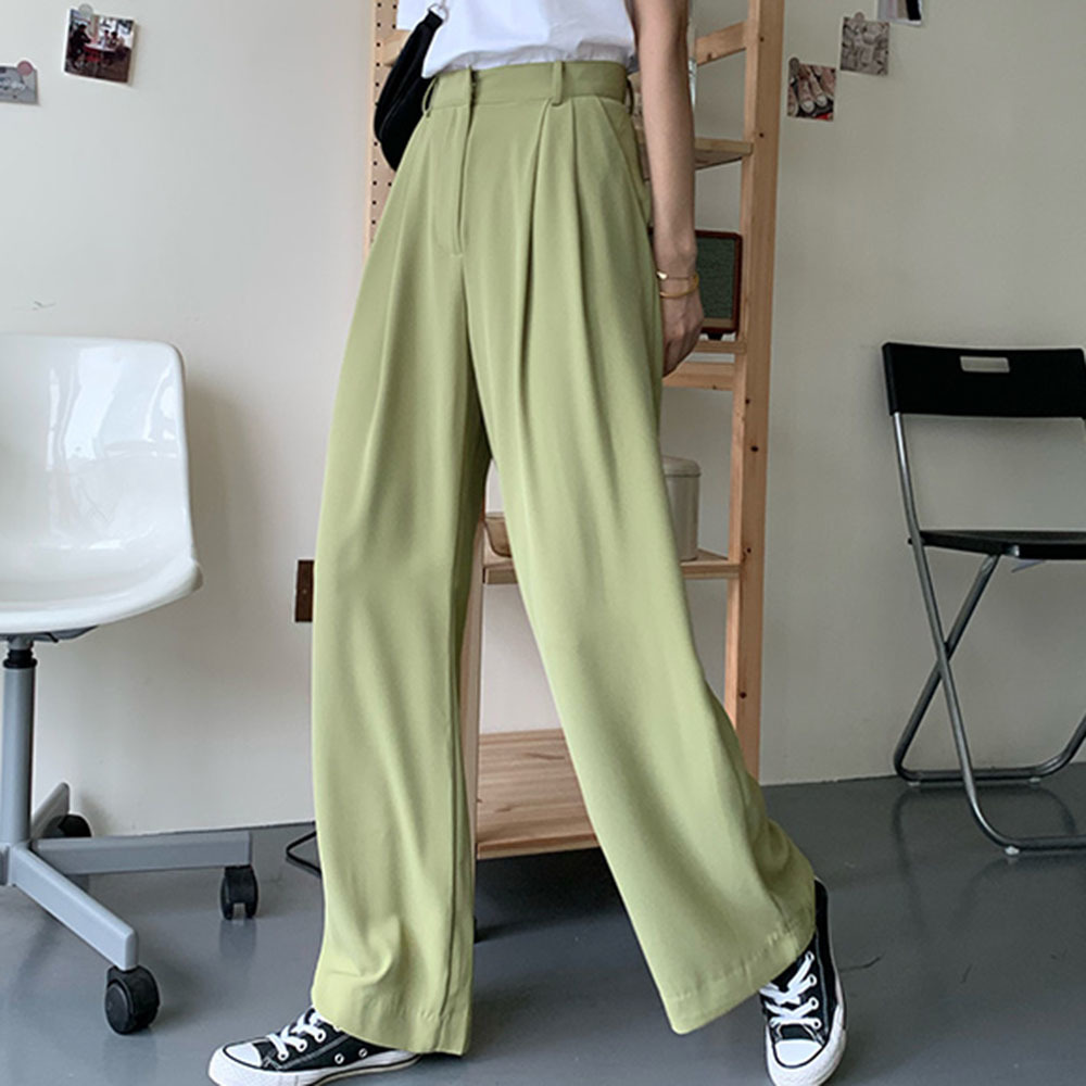

New Korean Style Chic Casual Wide Leg Pants Women Green Beige Black Fall Office Trousers Streetwear Loose High Waist Pants 201228
