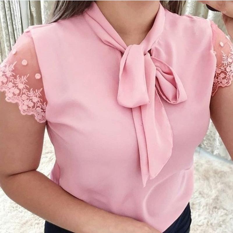 

New Solid Color Casual Summer Work Office Bow Short Sleeve T-shirts Women Lace V Neck Patchwork T Shirt1, White