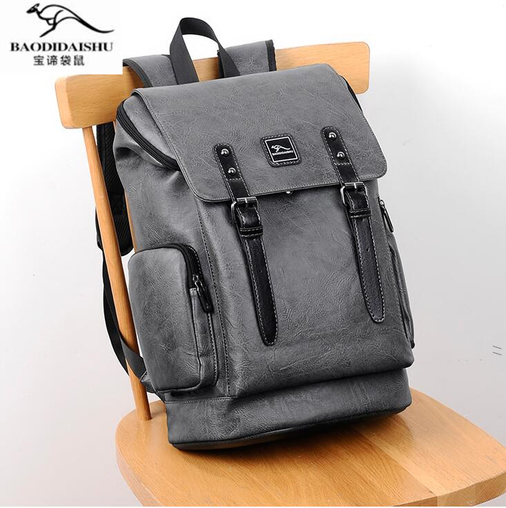 

Wholesale brand backpacks outdoor sports and leisure backpack clamshell fashion handbag street trend solid color leather shoulder bags Joker grey men computer bag, Black-3004