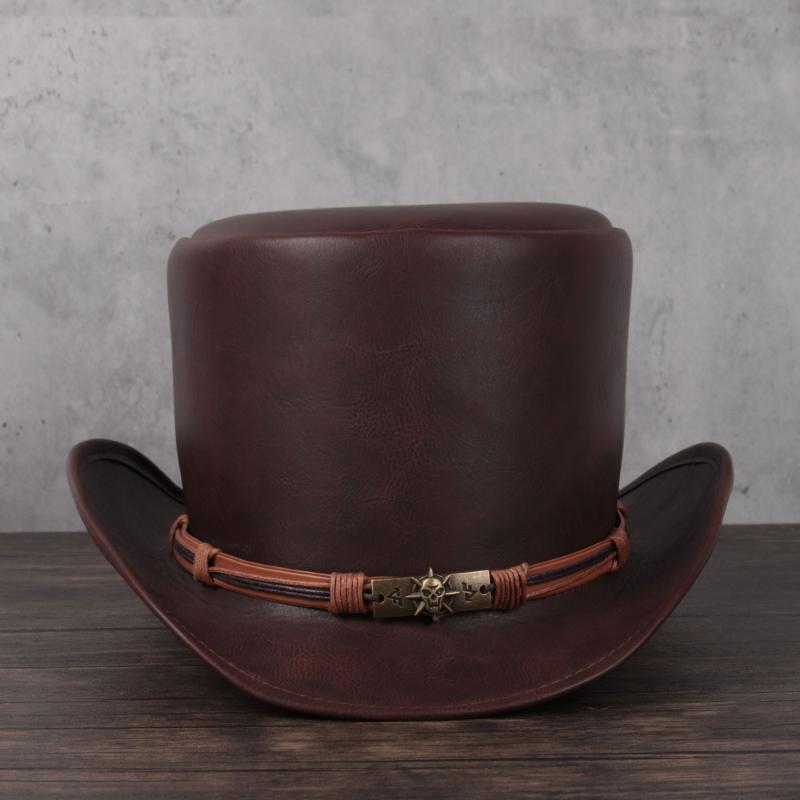 

13CM Women Men Leather Top Hat Flat President Traditional Fedora Hat Magic Steampunk Cosplay Party Caps, Black