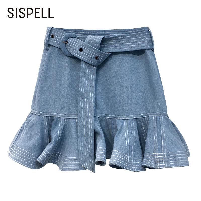 

SISPELL Patchwork Ruffle For Femal Denim Skirts High Waist With Belt Women' Casual Mini Skirt 2021 Fashion Streetwear New, Blue