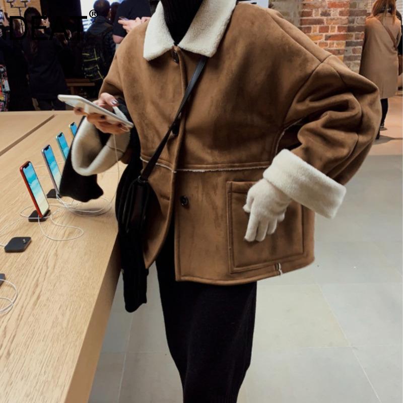 

DEAT New Autumn And Winter Fashion Casual Long Sleeve Single Breasted Slim Lamb Grain Loose Thin Coat Women SG663, Brown