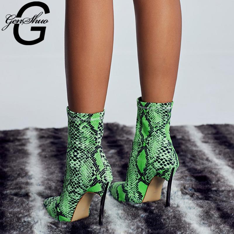 

2020 Fashion Women 12cm High Heels Fetish Stiletto Serpentine Ankle Boots Scarpins Prom Spring Snake Print Shoes Booties, Neon green serpetine