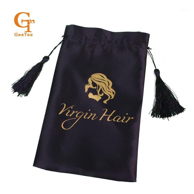 

Pink black white Drawstring Virgin Hair Silk packaging Bags, Hair Extension bundle wrap packing satin silk Bag with tassel1