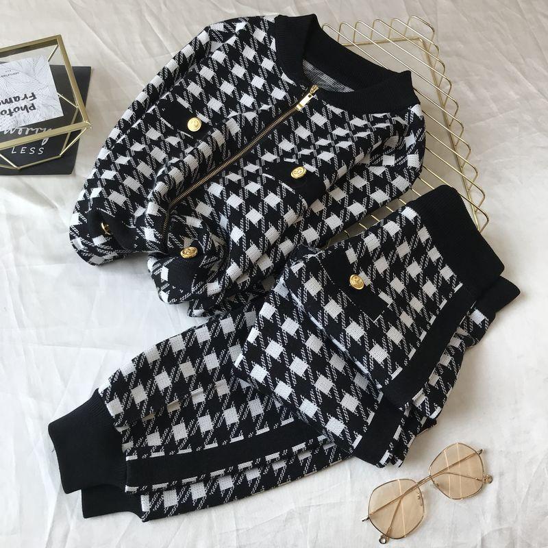 

DEAT 2020 Winter Women Vintage Button Plover Plaid Ziipper Knitted Cardigans Lante Pants Two Pieces Set Tracksuits ML117, As picture