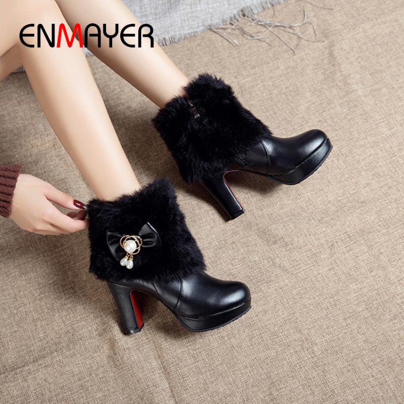 

ENMAYER Square Heel PU Zip Women Shoes Pearl Round Toe Super High Solid Short Plush Metal Decoration Winter Boots Microfiber, Black