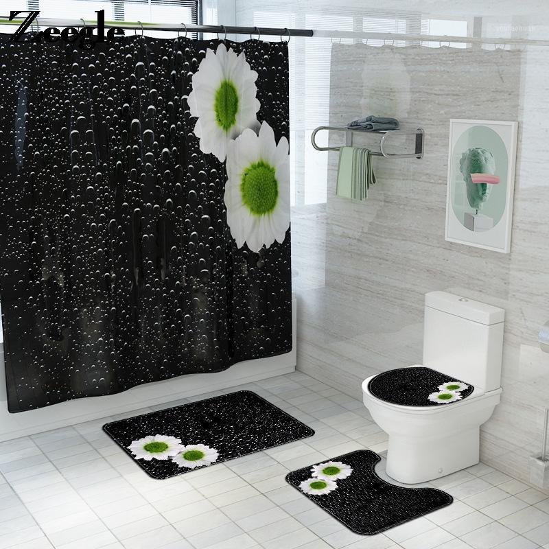 

Floral Bath Mat and Shower Curtain Flannel Bathroom Mat Set Absorbent Carpet Bathroom Non-slip Toilet Seat Cover Foot1