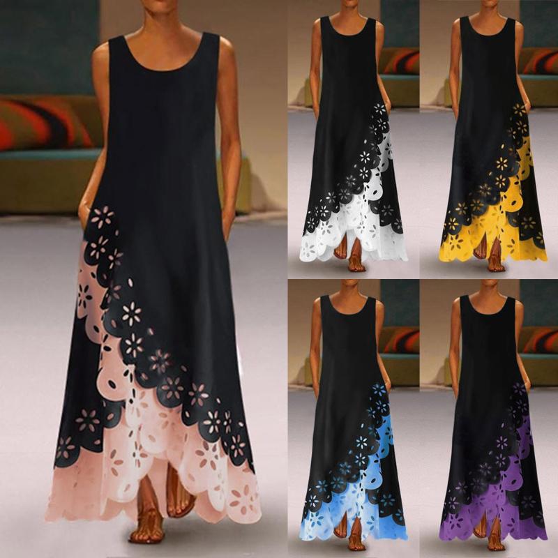 

Women Summer Dress Plus Size Fashion Sleeveless Print Round Neck Long Maxi Dress Bohemia Beach Sundress Vestidos, Pk