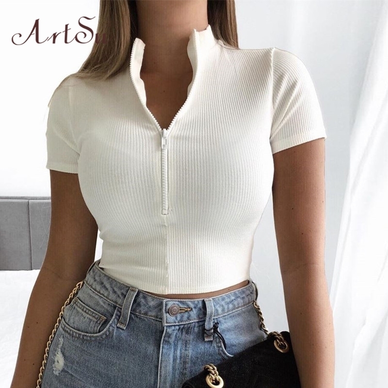 

Artsu Zipper Bodycon T shirts Crop Top White Solid Women Casual T Shirt Summer Short Sleeve Crop Tops V Knitted T Shirts Y200824