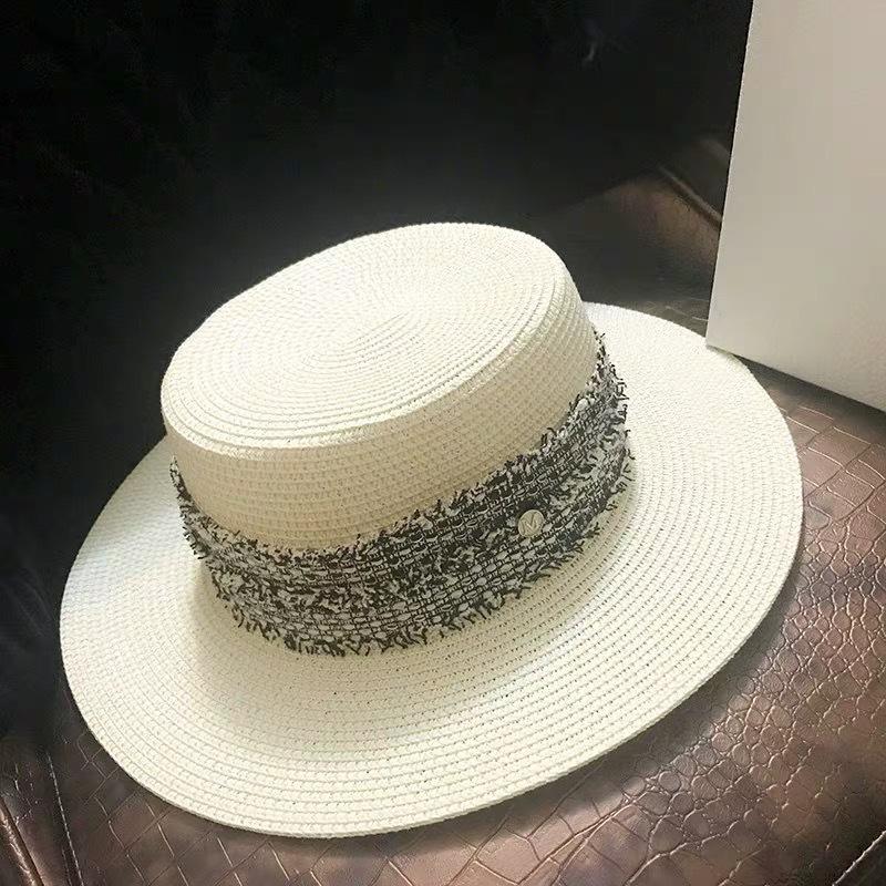 

Summer New M Letter Retro Ribbon Braided Flat Head Straw Hat Lady Hepburn Wide-brim Sun Hat British Style Sunscreen Beach, 587254