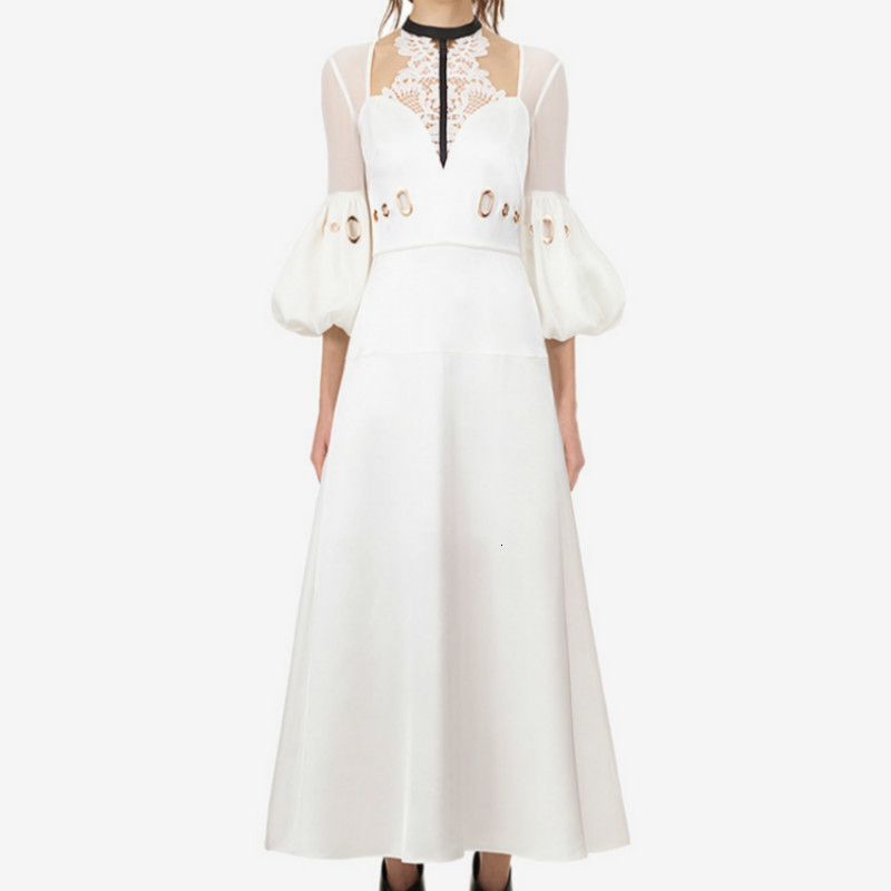 

New Auto Portrait Maxi Long Lantern Sleeves Women' Feathers Sexy Perspective Metal Buracos Dressed Jhdt, White