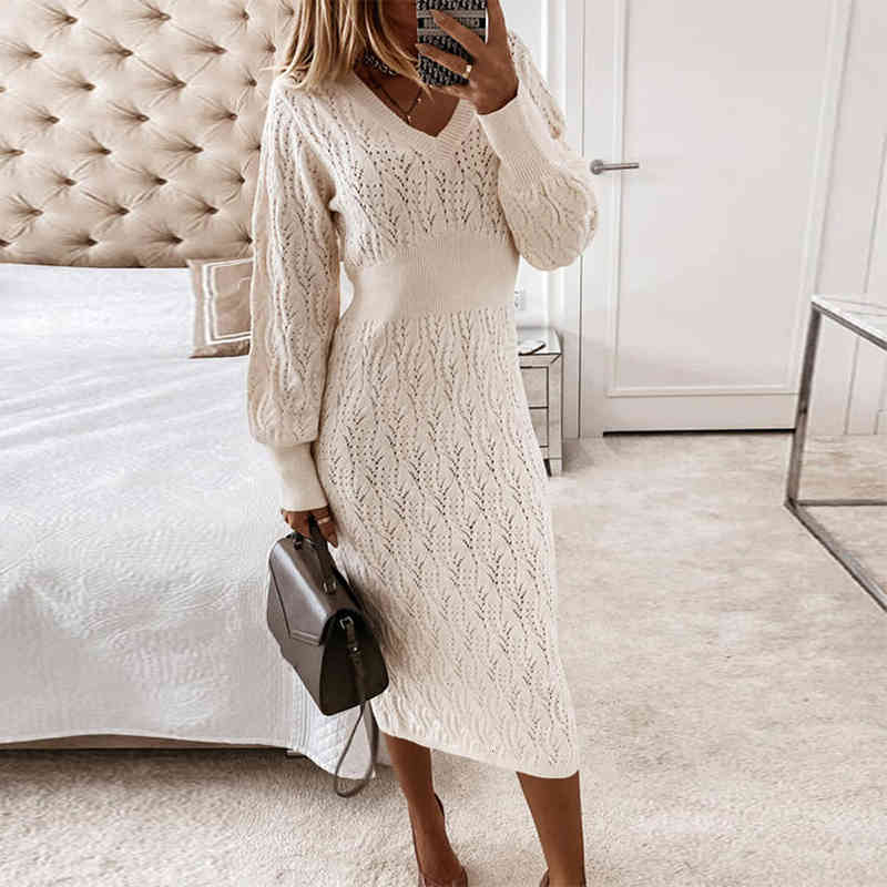 

Winter Solid Sexy V Neck Hollow Out Party Dress Women Casual Slim Fit Bodycon Dress Lady Long Sleeve Knit Sweater, Black;gray