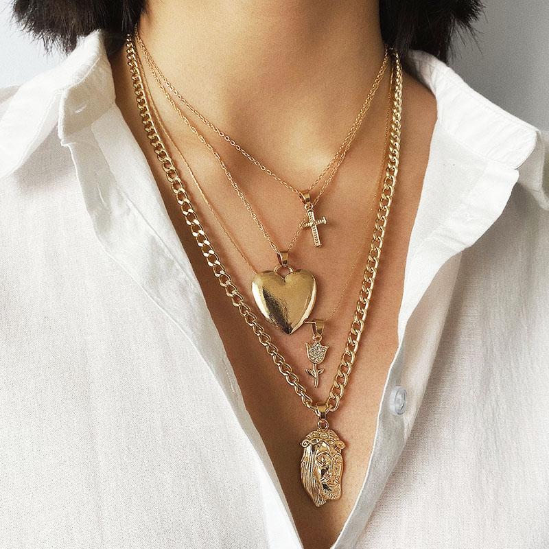 

Exaggerated Multilayer Thick Chain Figure Heart Cross Rose Flower Pendant Necklace Women Vintage Jewelry Necklace Kolye XR2699