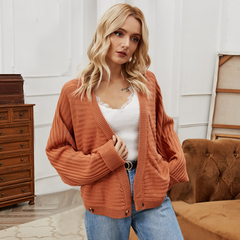 

2021 New Women's Knit Jacket Oversized Solid Orange Shirts Low-v Button Female Knitting Cardigans Autumn Winter 7PBZ