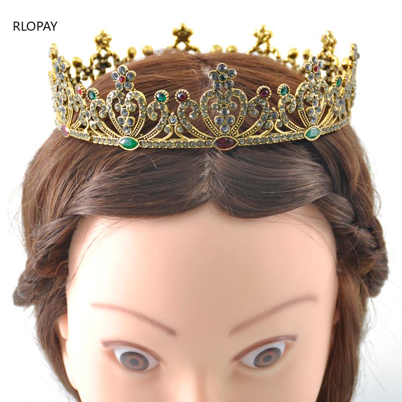 

RLOPAY Universe Pageant Crown High Grade Tiara Round Circles Red Stone Antique Gold Jewelry Headband Wedding Crown