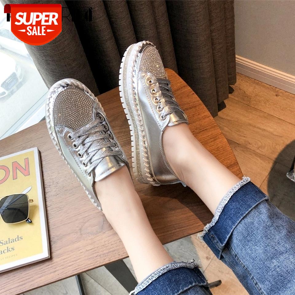 

RIBETRINI Cool Sewing Platform Shoes Fashion Ins Hot lace-up Rhinestone Women Flats Casual Autumn Flat Flats #1O5C, Silver