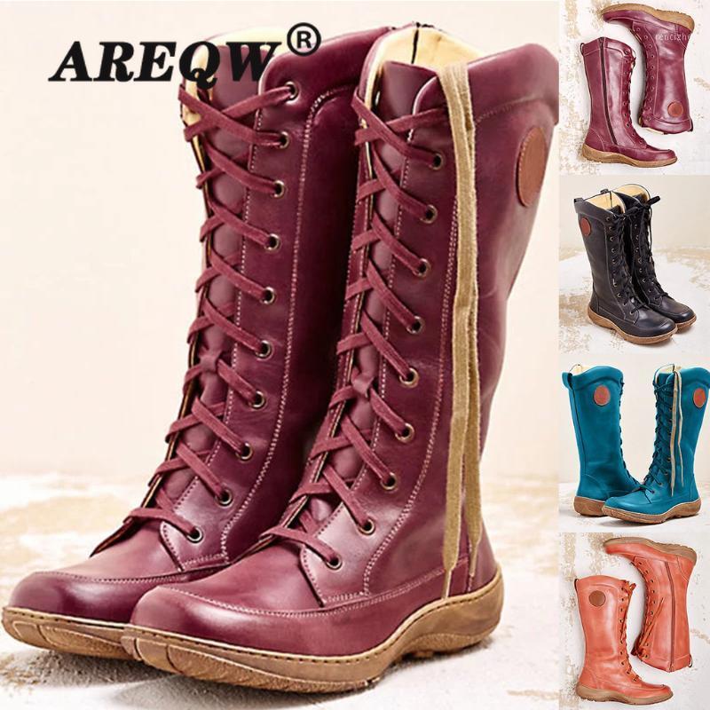 

2020 Autumn Winter New Women's Fashion Casual Round Toe Rome Retro Zipper Long Boots Lace Up Shoes Boots Winter Women1, Black