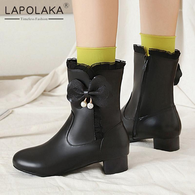 

2021 New Design Thick Heels Sweet Butterfly Shoes Ladies Boots Zip Up Trendy Japanese Style Cosplay Boots Woman Shoes1, Black short plush