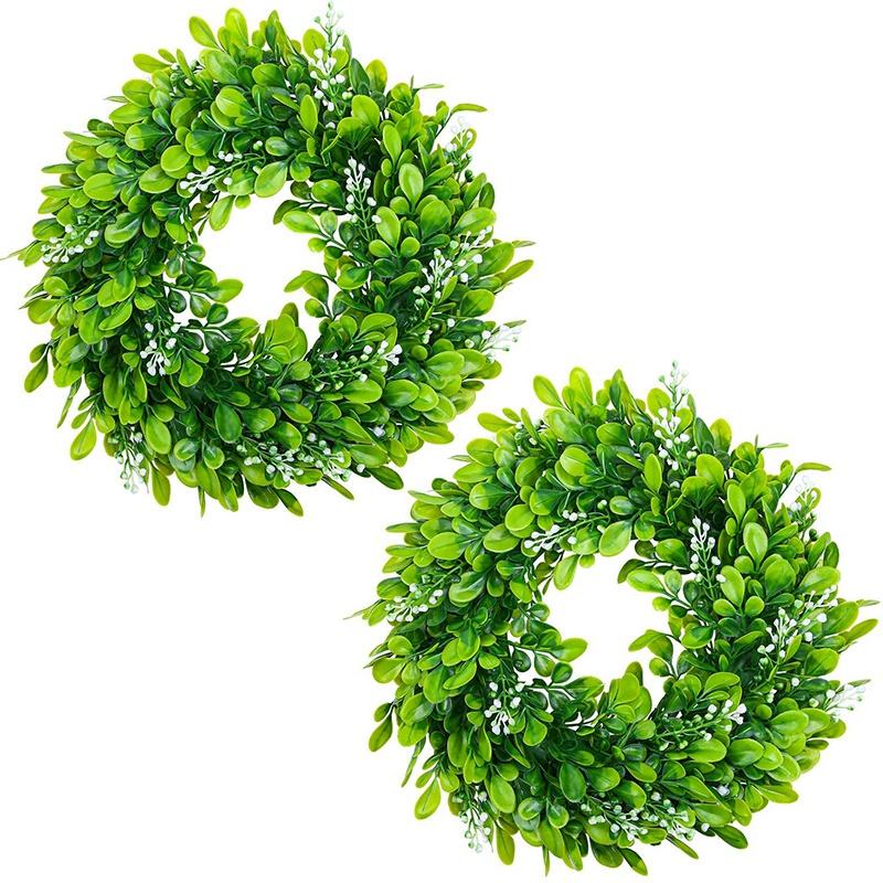 

2 Pack Artificial Boxwood Wreath Faux Artificial Green Leaves Wreath Front Door Hanging Decoration, 10 Inches