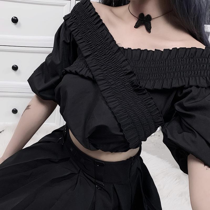 

Tops Cross Bandage Fashion Japanese Style Black Puff Sleeve V Neck Multiple Wear Cute T Shirt Women Funny Streetwear Vintage