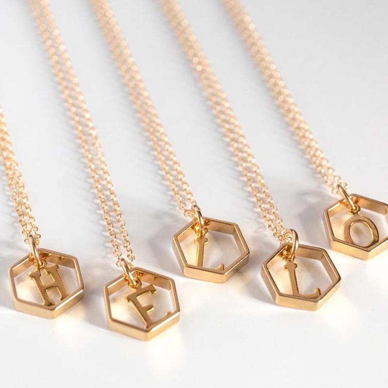 

Hollow Hexagon Initial Letter Necklace For Women Girl Stainless Steel A-Z Alphabet Pendant Choker Necklace Bijoux Femme