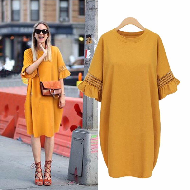 

2021 New L-5xl Plus Summer Big Size Vintage Hollow Out Flare Sleeve Robe Femme Vestidos Casual Women 98oe, Yellow