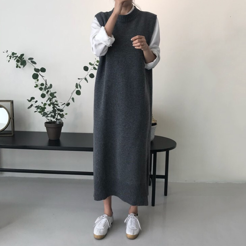 

2021 New Autumn Winter Long Knitted Sweater Women o Neck Pullover Loose Thick Warm Slevess Jumper Fashion Top Dcz9, Dark grey