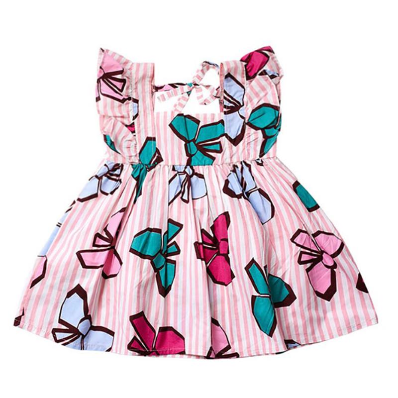 

Girls Princess Dress Female Children's Clothing Girls Summer New Sweet Dress Striped Bowknot Print Cotton Flying Sleeve, As pic