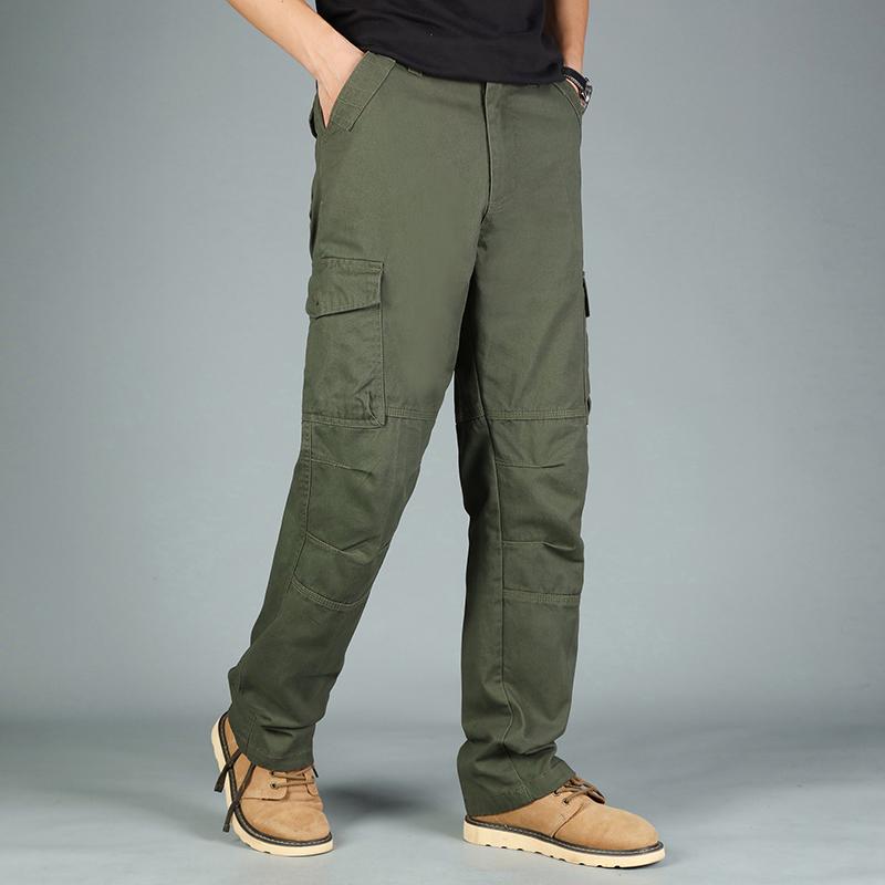 

2021 New cotton Men pants Straight Loose Winter Warm Thick Trousers Casual Cargo Pocket Pants, Army green