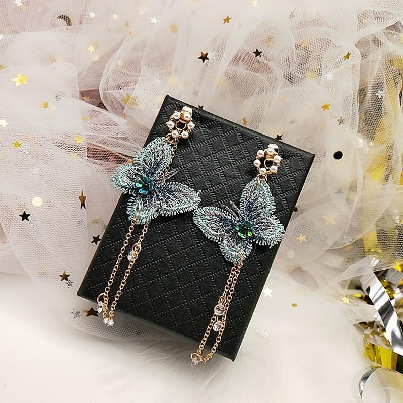 

Fairy Pink Green Gold Embroidered Butterfly Earrings Crystal Long Tassel Earrings Insect Wing Korean Bridal Jewelry1