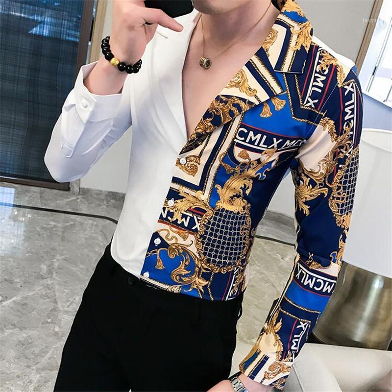 

Men's Casual Shirts White Gold Men Shirt Luxury Korean Mens Long Sleeve Print Spring Male Slim Fit Blouse Homme Baroque Banquet Shirt1, Pic show 5