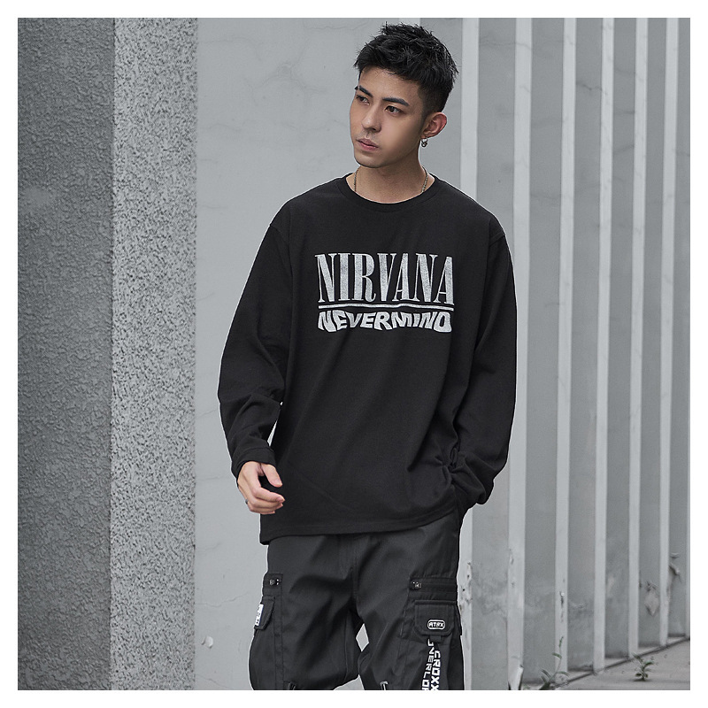 

2021 New Autumn Rock Thin Long Sleeve T-shirt Men's Fashion Brand Hong Kong Style Sweater Round Neck Bottoming Shirt G96d, Black