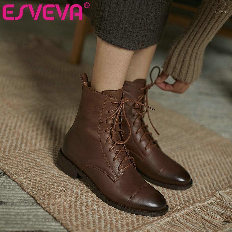 

ESVEVA 2021 Square Low Heel PU Leather Women Shoes Round Toe Ankle Boots Lace Up Fashion Ladies Pumps Big Size 34-391, Black short plush