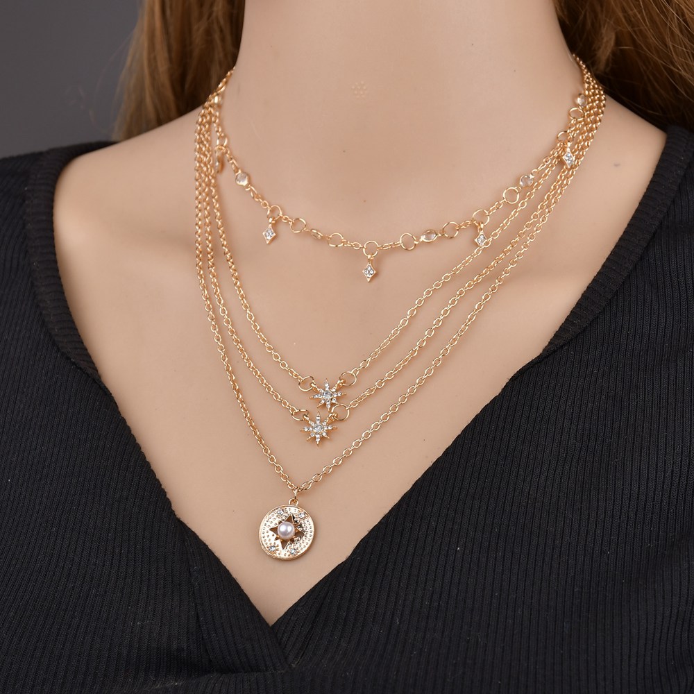 

Fashion Shiny Crystal Stars Pendant Necklace Set for Women Charm Chain Gold Color Necklaces Statement Accesorios mujer