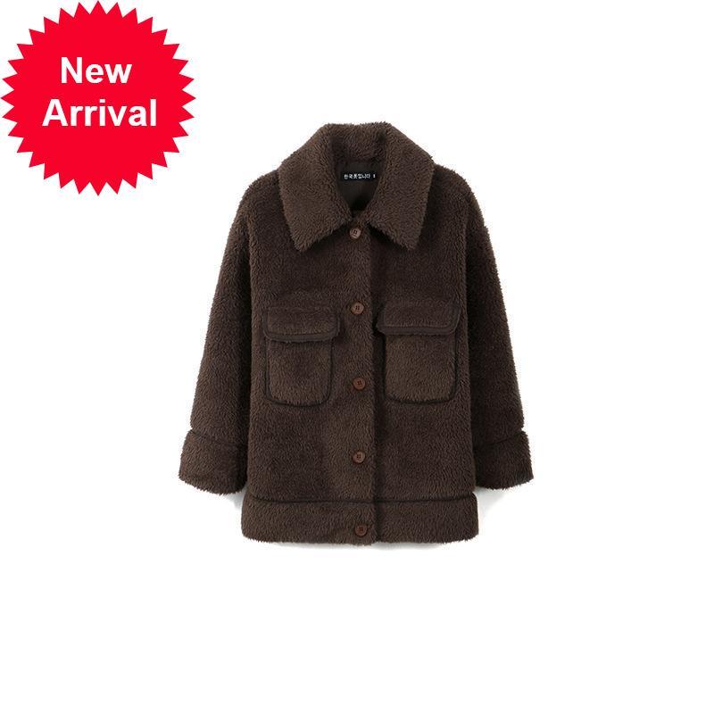 

2021 New Autumn New Trend Sheep Shearing High Street Coat Brown Woman Granular Wool Long Lapel Jacket Outwear M4kt, Beige