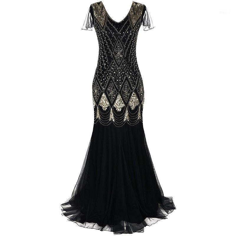 

Party Dresses Women 1920s Great Gatsby Dress Long 20s Flapper Vintage V Neck Short Sleeve Maxi For Prom Cocktail1, Black pink