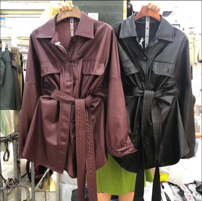

2020 New Spring Fall Lapel Long Sleeve Medium Long PU Leather Coat for Women Solid Color Slim Black Leather Shirt Jackets