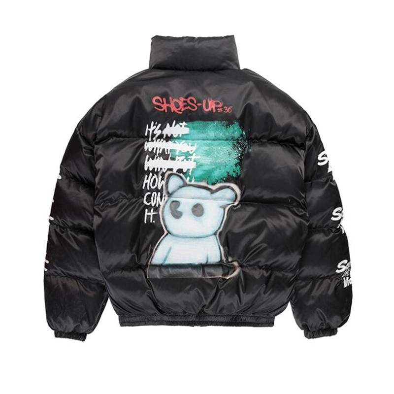 

2020 hip hop parka paint spray graffiti streetwear man harajuku winter quilted warm jacket outwear bear, Green.