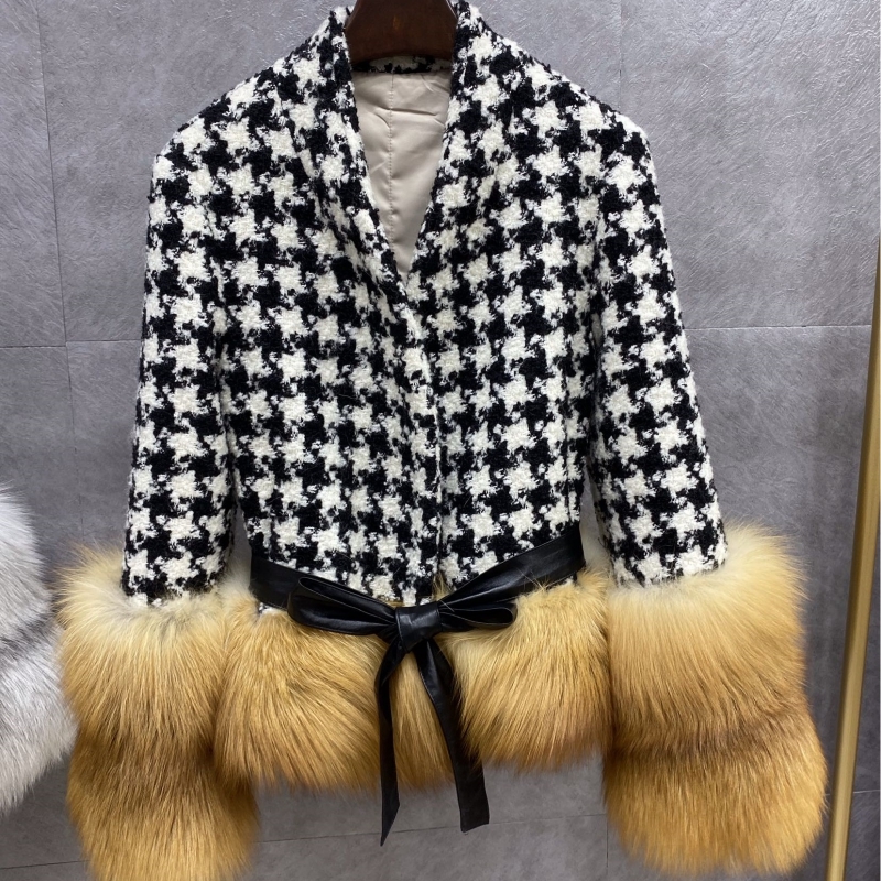 

New 2020 Winter Women Houndstooth Coats with Natural Fox Fur Sleeves Hem Cashmere Wool Mixtures Outerwear Ladies Streetwear 5zwa, Gold fur