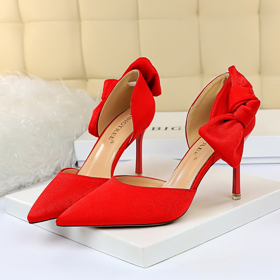 

Woman in high heels elegant suede pumps bow-knot feminine shoes pointed stiletto girl wedding party 2020 spring IQLJ, Red