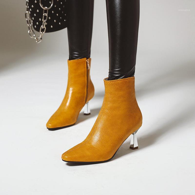 

2020 Women Boots Fashion Sexy Zipper Thin High Heel Pointed Toe Autumn Winter Ankle Boots white yellow black silver Size 34-431